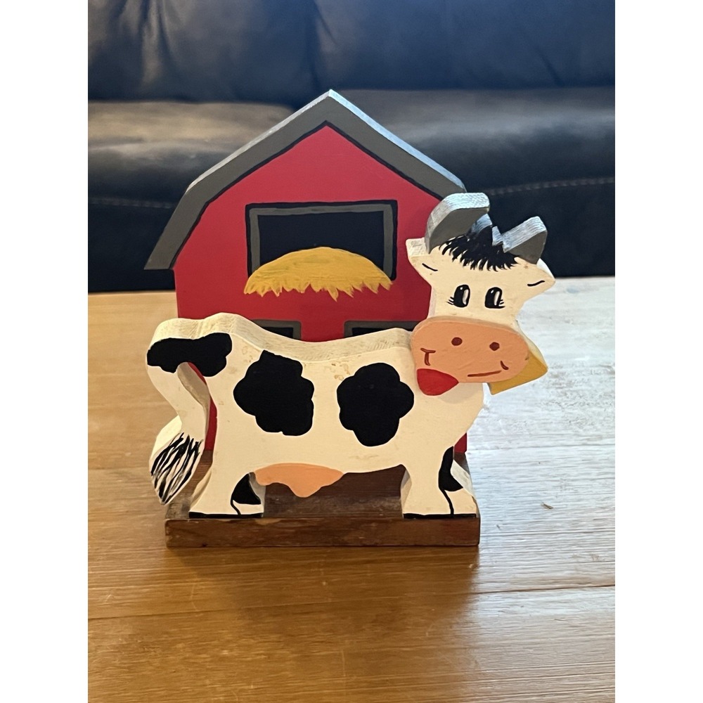 Hand Painted Wood Cow & Red Barn Farmhouse Folk Art Tabletop Decor